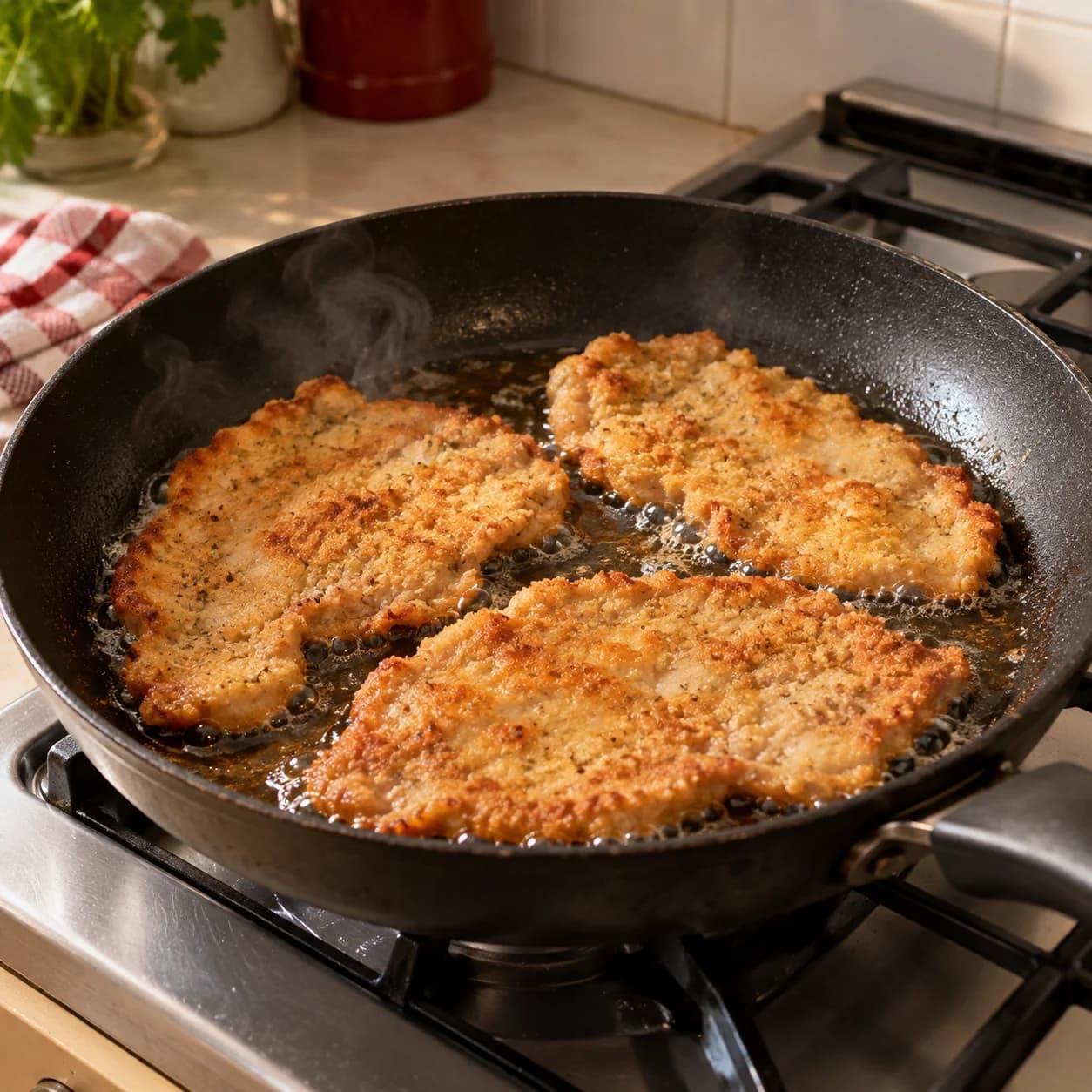Milanesas cocinándose en una sartén.