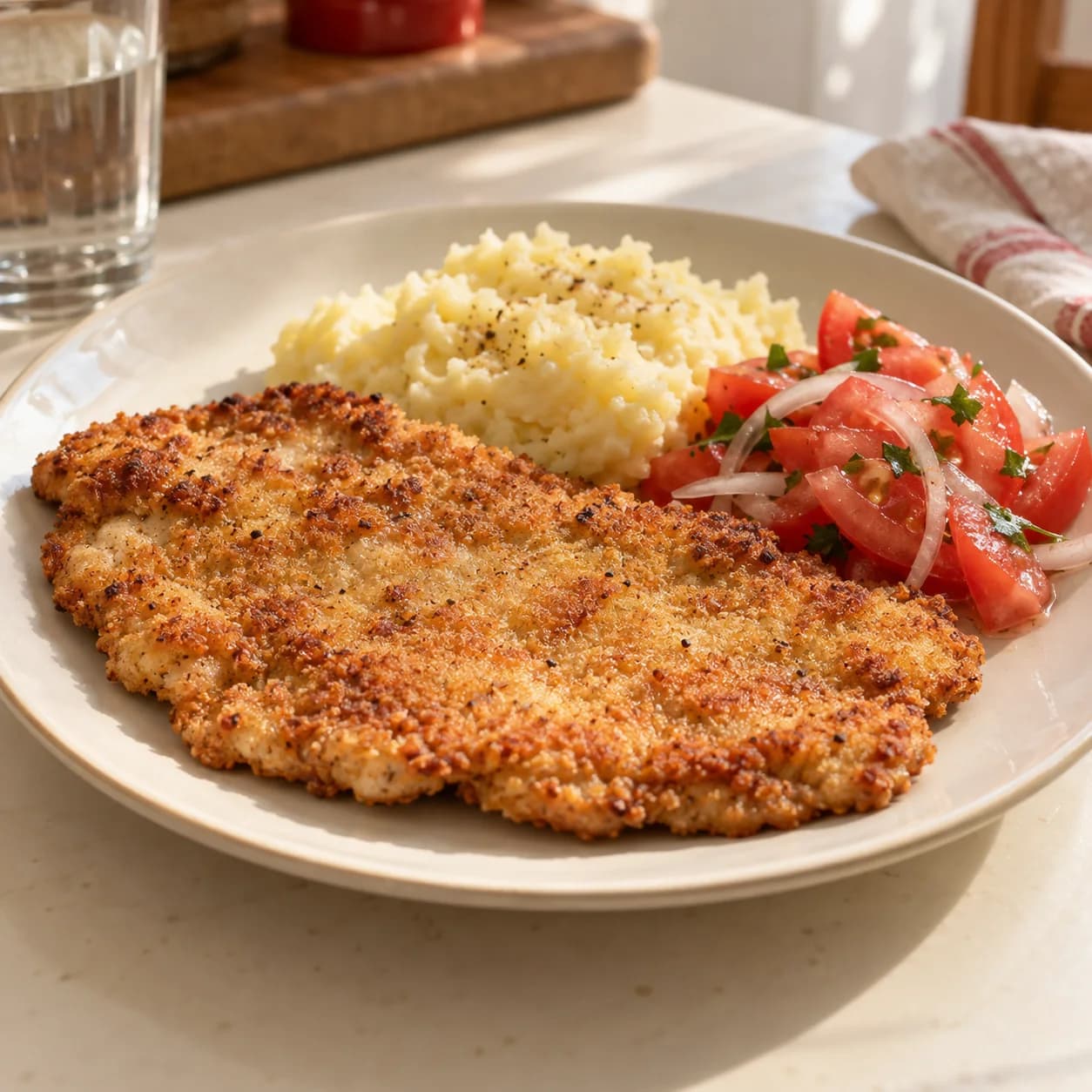 Milanesa dorada servida con puré y tomates.