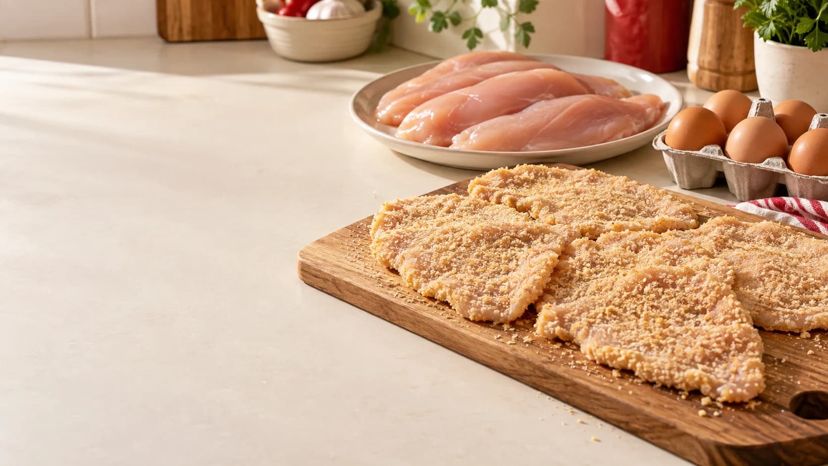 Milanesas de pollo, supremas y un maple de huevos en una cocina hogareña.