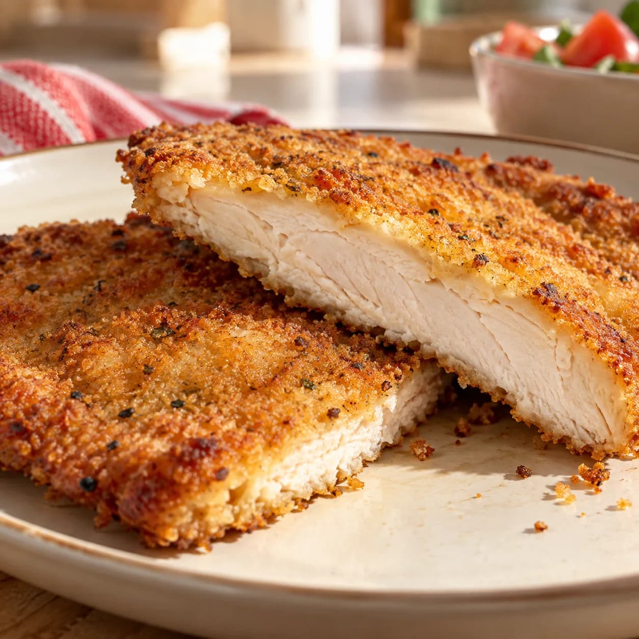 Milanesa cocida cortada: pechuga y una capa fina de rebozado.