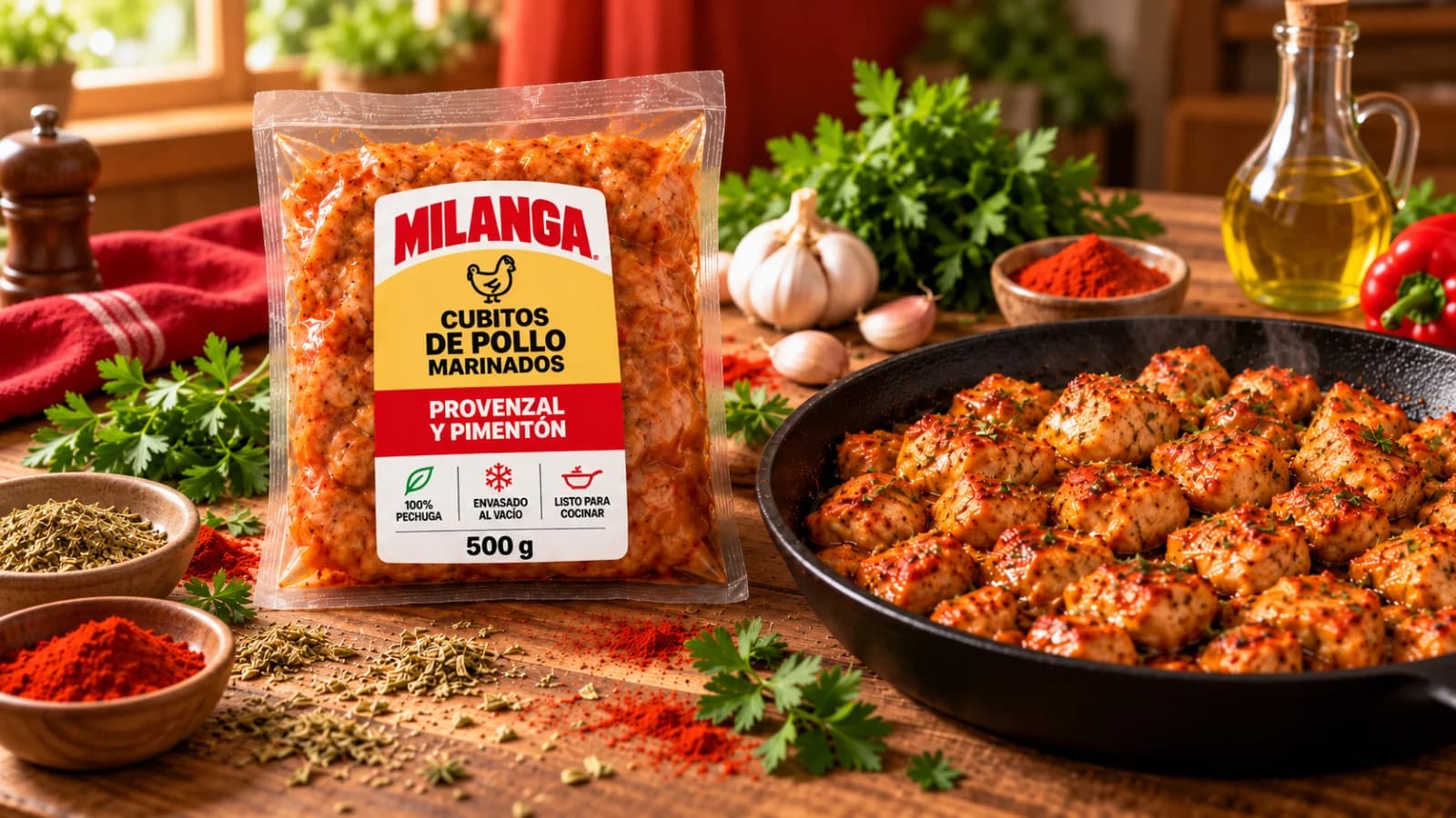 Cubitos de pollo marinados MILANGA · Provenzal y pimentón