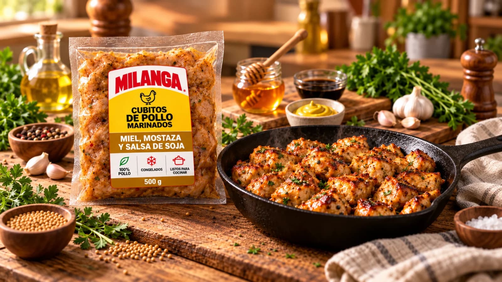 Cubitos de pollo marinados MILANGA · Miel, mostaza y soja